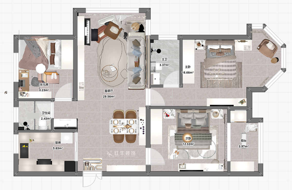 刘小勇｜中南世纪雅苑一期8-501-115㎡-现代简约风格｜3室2厅1卫｜新房装修｜定制家｜全包16万｜00_03平面彩图